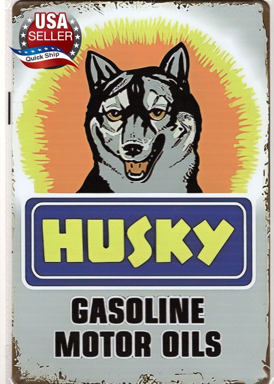 Retro Distressed Tin Sign • Petroliana • Husky Gasoline & Motor Oils • Husky Dog